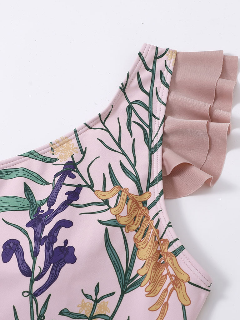 Pink Floral Print Retro Style Ruffles One Piece