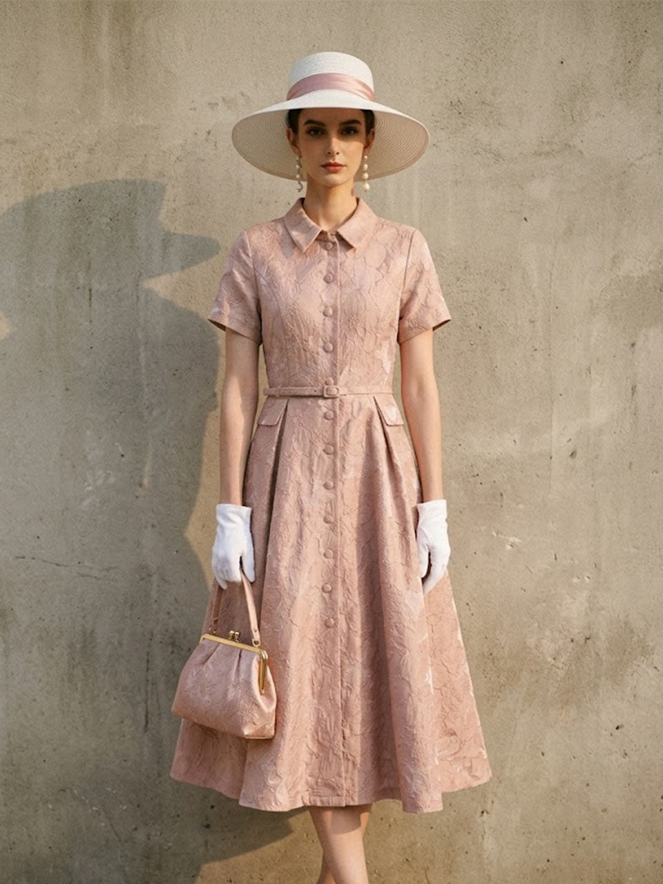 Pink Jacquard Elegant Embossed Floral Shirt Dress