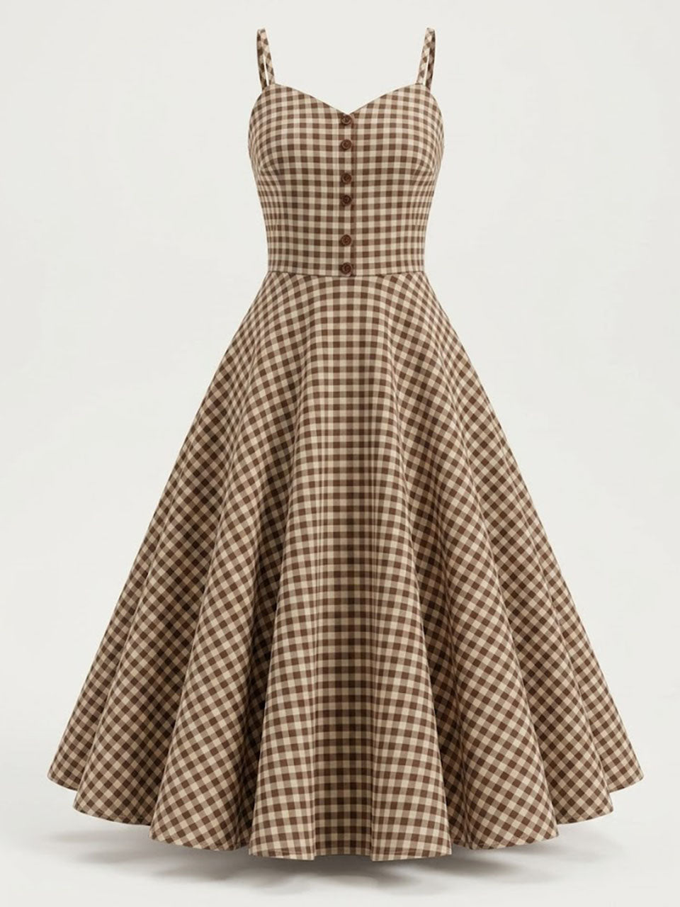 1950s Green Gingham Button Front Spaghetti Strap Swing Summer Picnic Dress