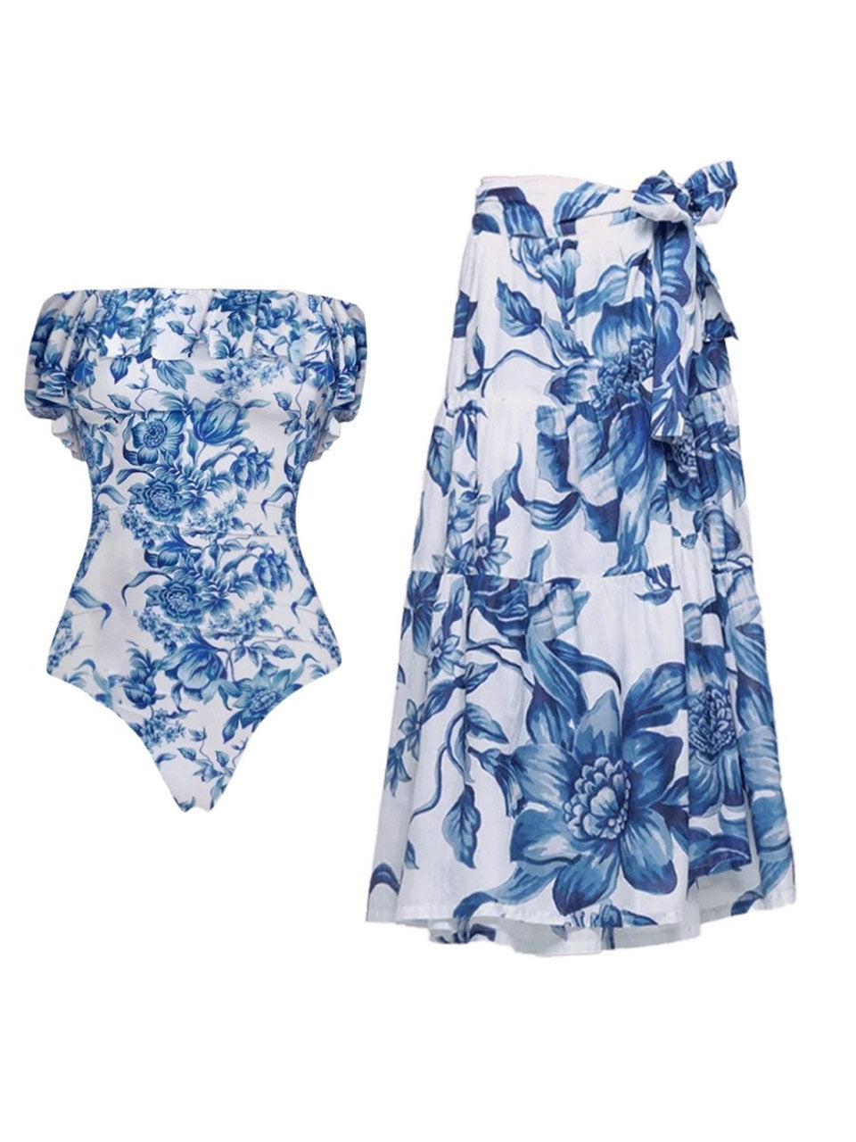 Vintage Blue and White Floral Off-the-Shoulder Swimsuit