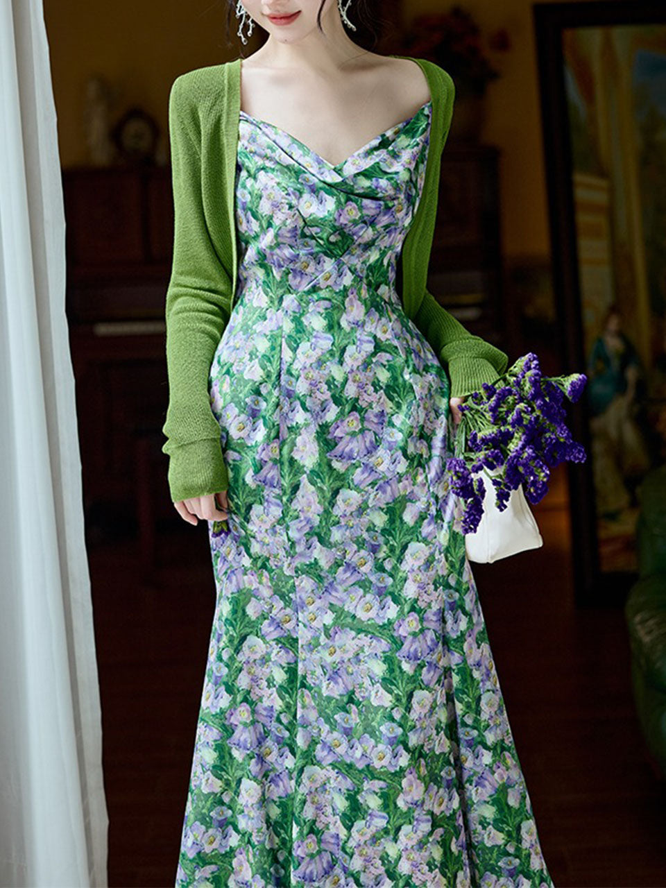2PS Green Floral Printed Spaghetti Straps Vintage Dress