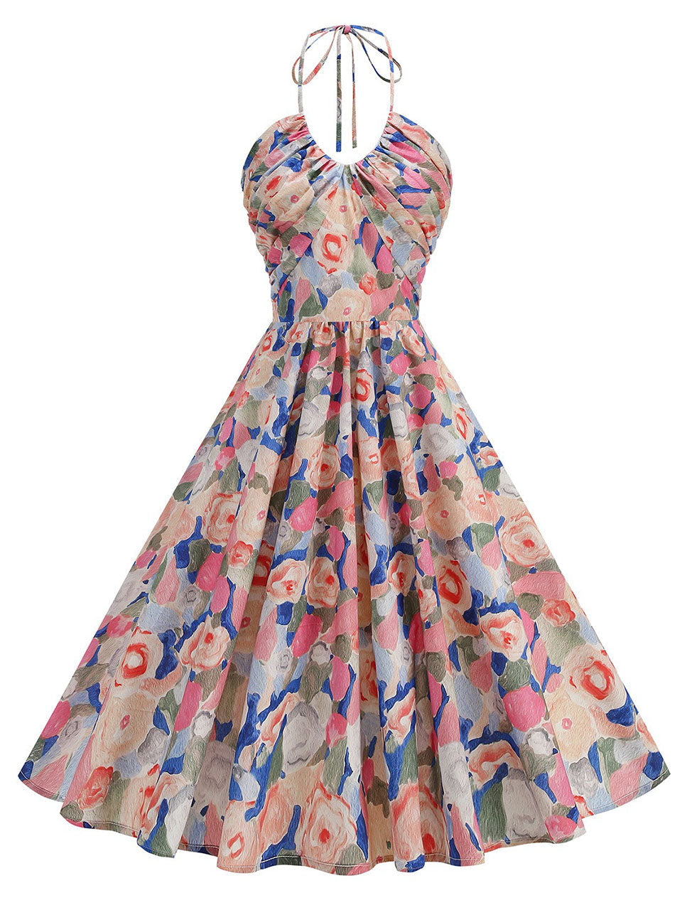 Yellow Floral Print Halter Neck Vintage Dress