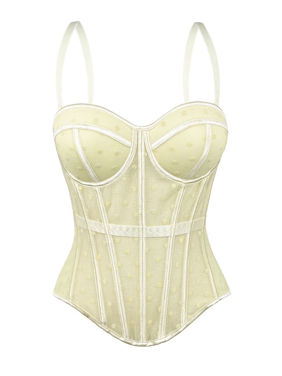 Pink Polka Dot Mesh Corset Top - Sheer Boned Spaghetti Strap Bustier