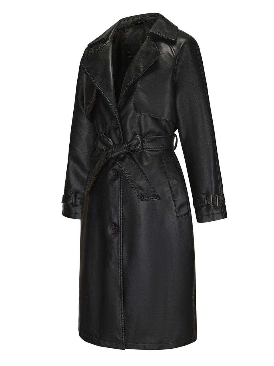 Faux Leather Trench Coat | Long Caramel Tan PU Leather Windbreaker Jacket