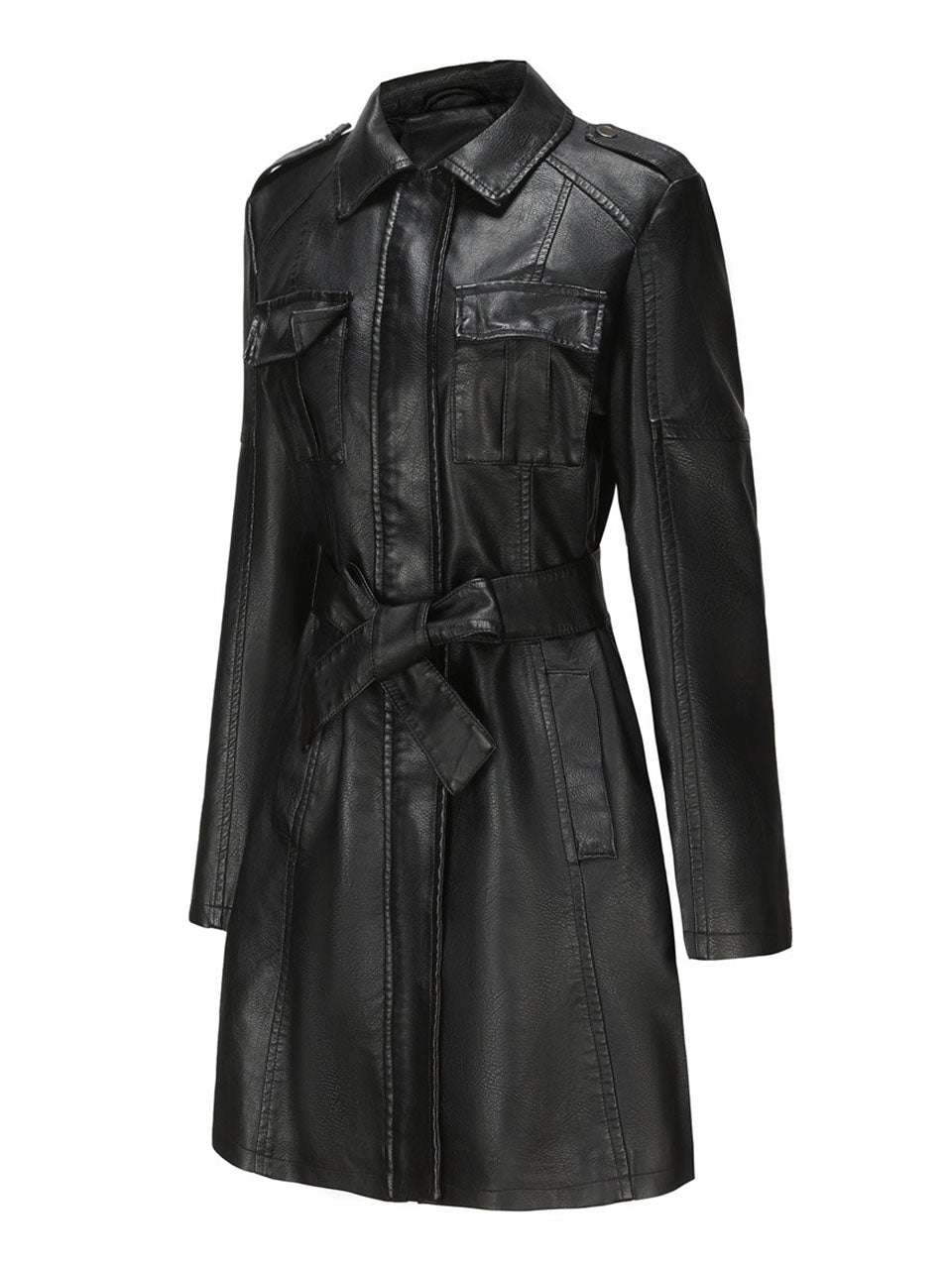 Black Faux PU Leather Trench Mid-Length Coat