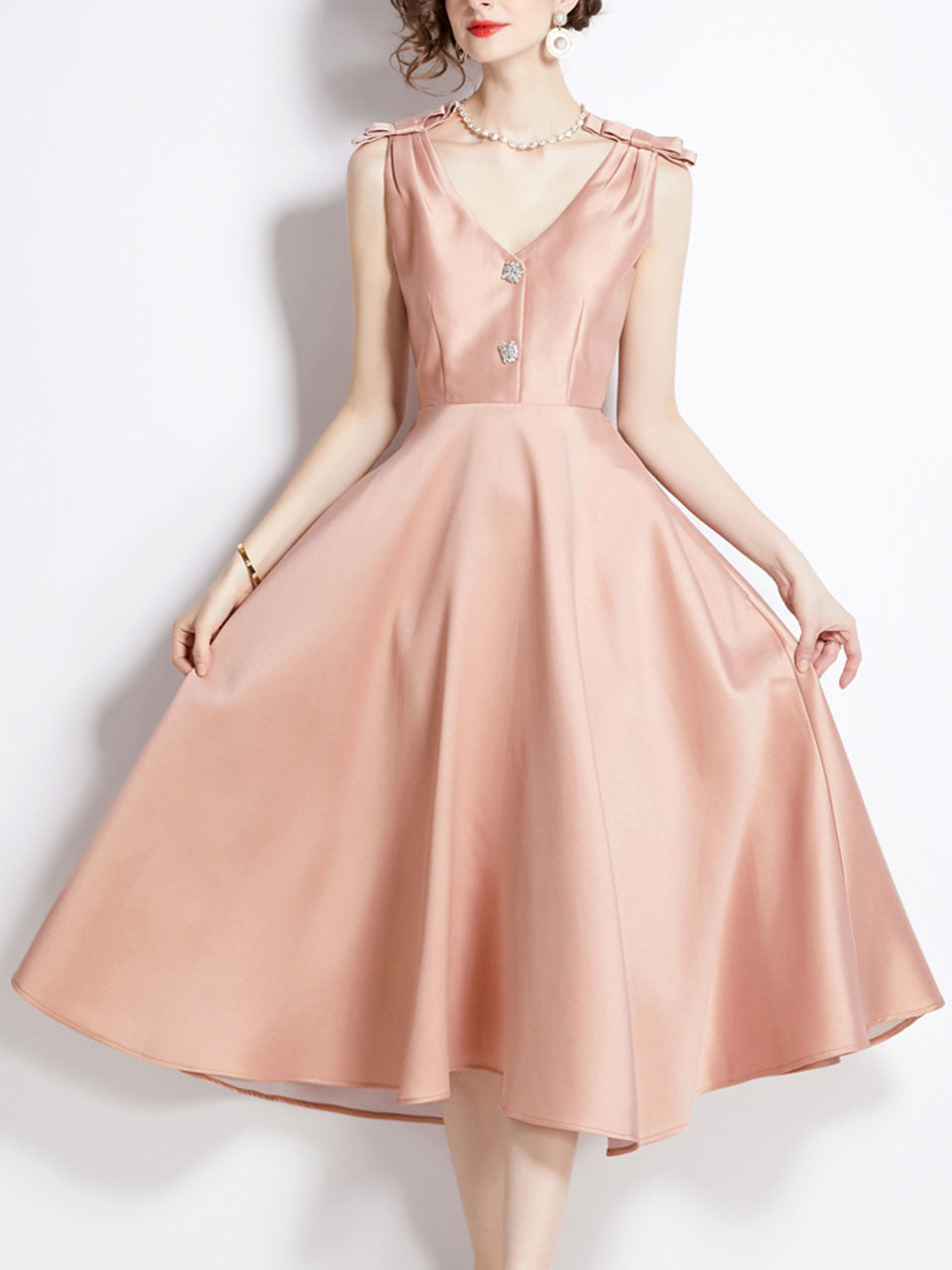 Rose Luxury Button V Neck High Waist Swing Party Dress