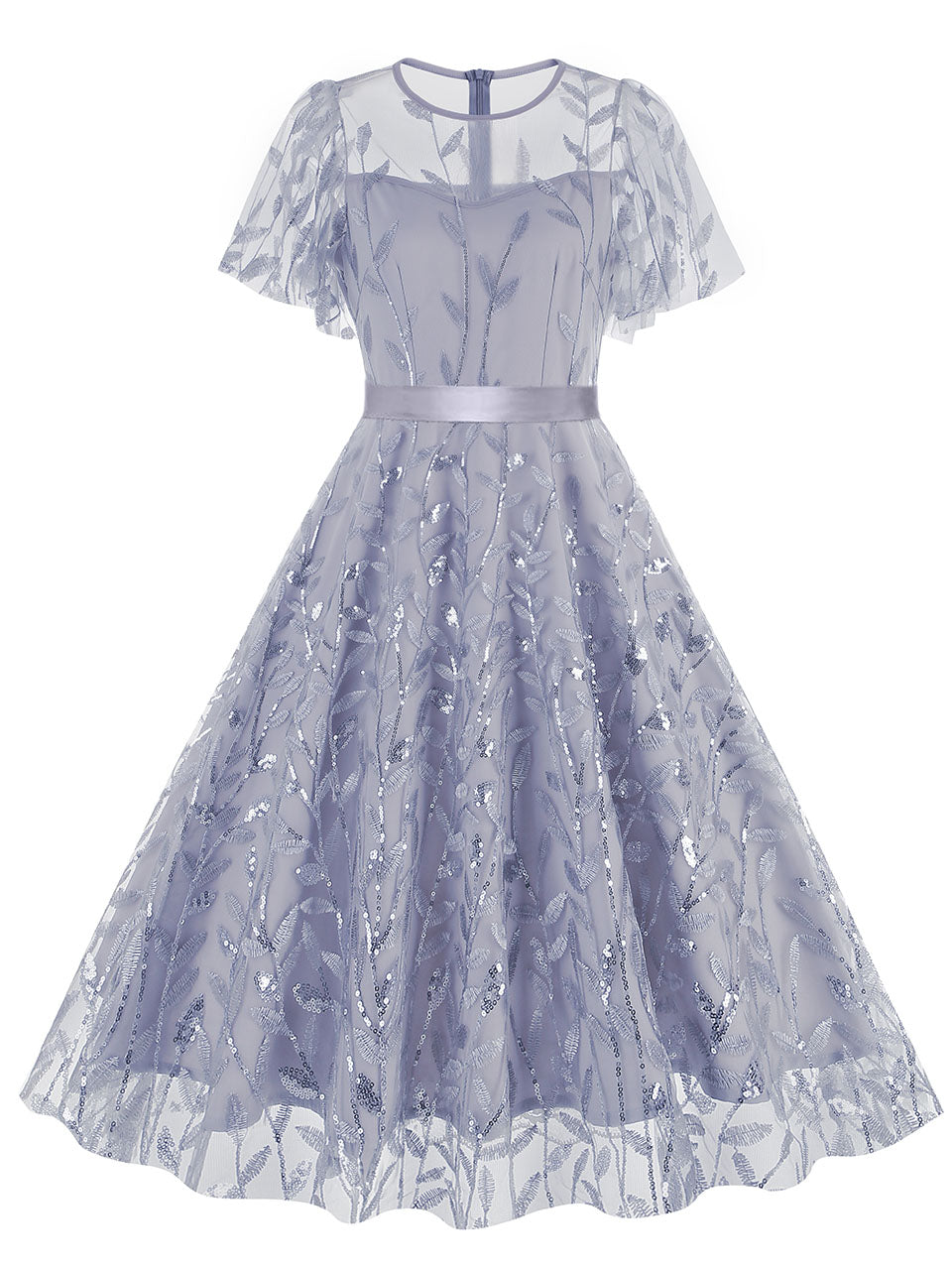 Baby Grey Semi Mesh Leaf Sequins Embroidered Short Sleeve 1950S Swing Dress