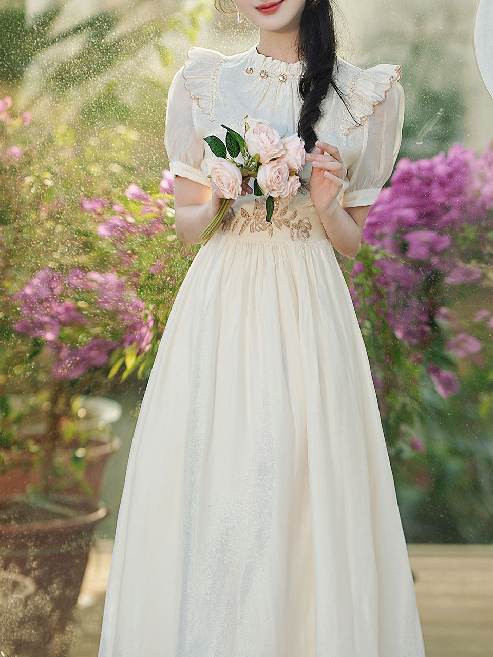 White Ruffles Collar Embroidered Puff Sleeve 1950S Vintage Dress