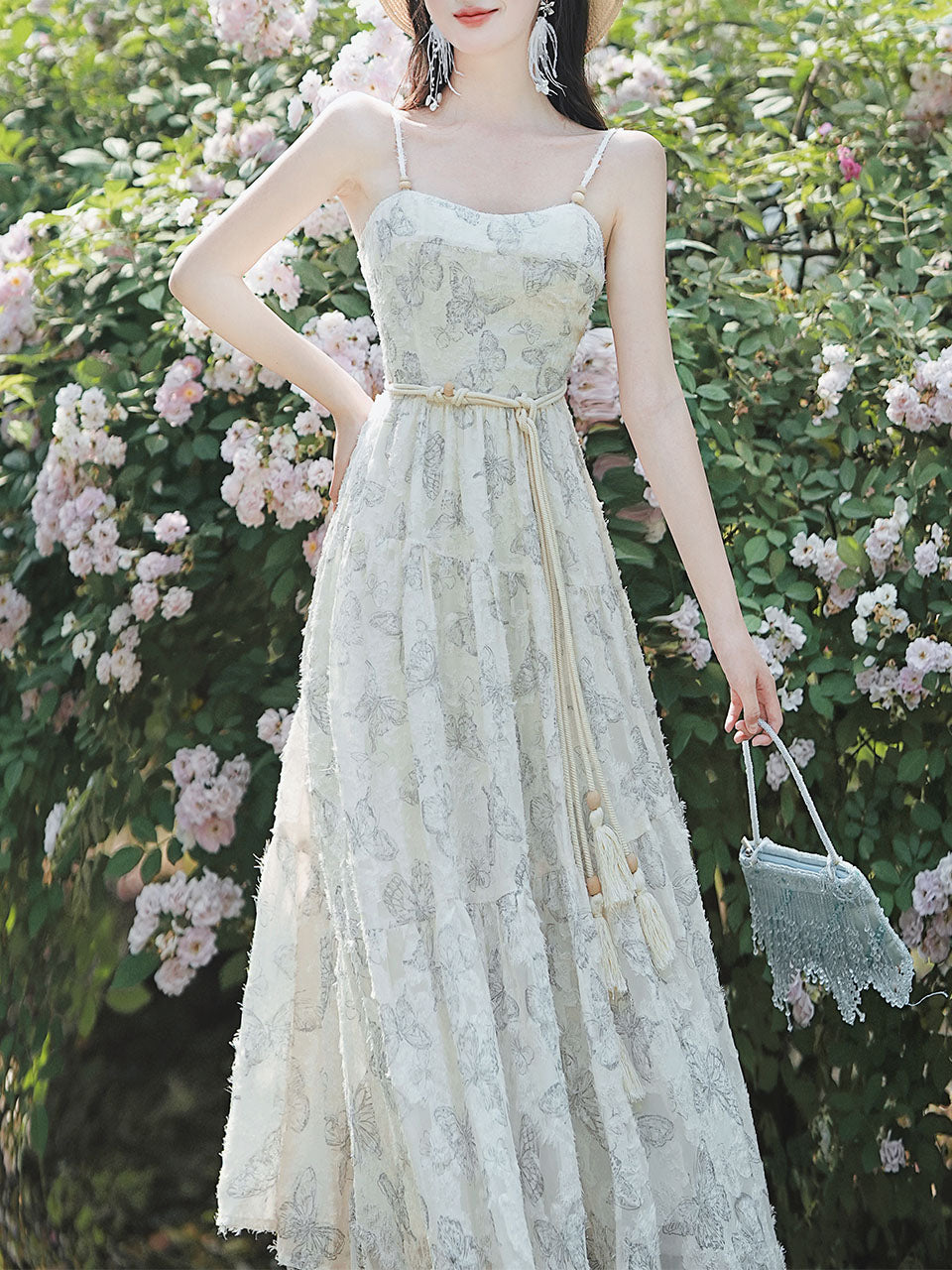 2PS White Butterfly Print Spaghetti Strap 1950S Vintage Dress