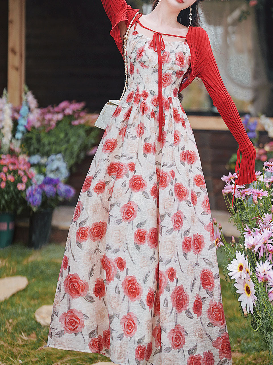2PS Red Rose Spaghetti Strap 1950S Vintage Dress
