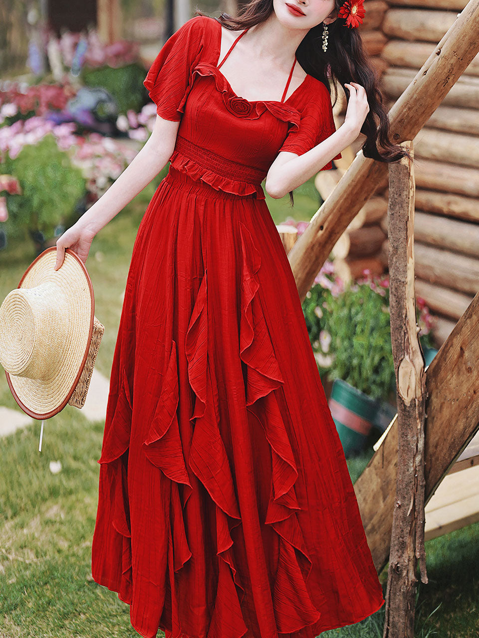 2PS Red Rose Ruffles Spaghetti Strap Top and High Waist Swing Dress Set