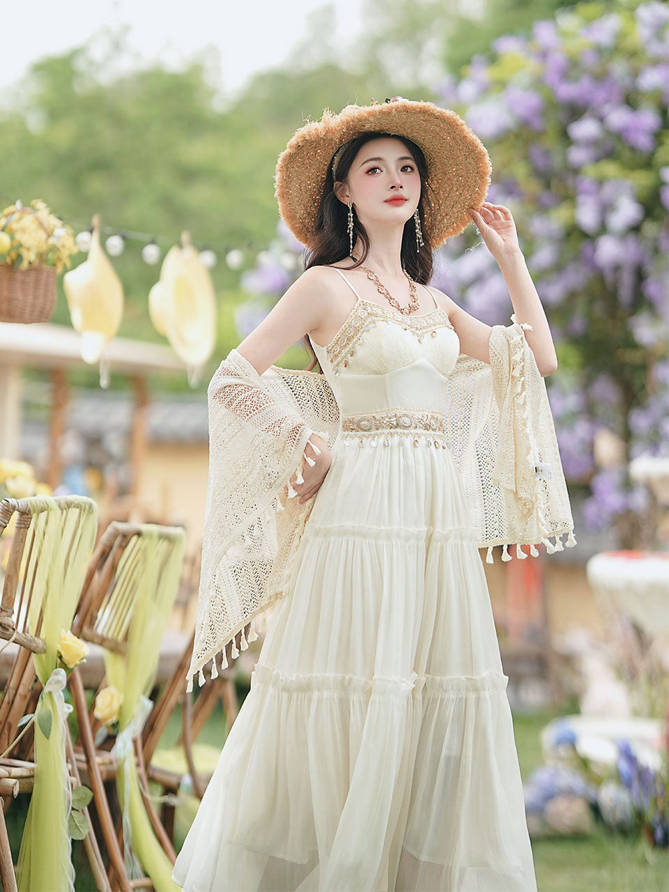 White Bohemian Embroidered Retro Maxi Dress 1970S Vintage Set