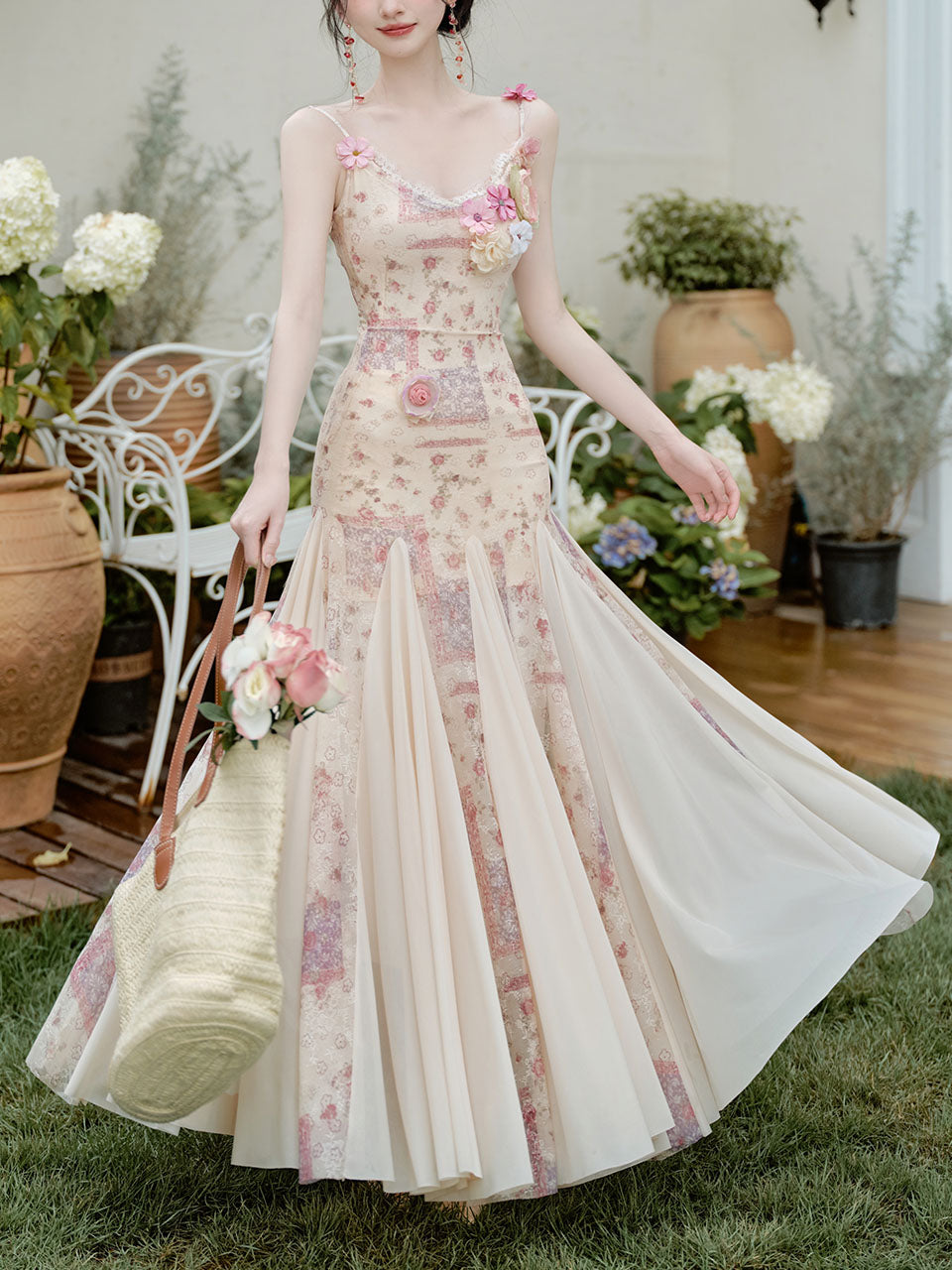 Pink Floral Print Spaghetti Strap Fishtail Flared Vintage Maxi Dress