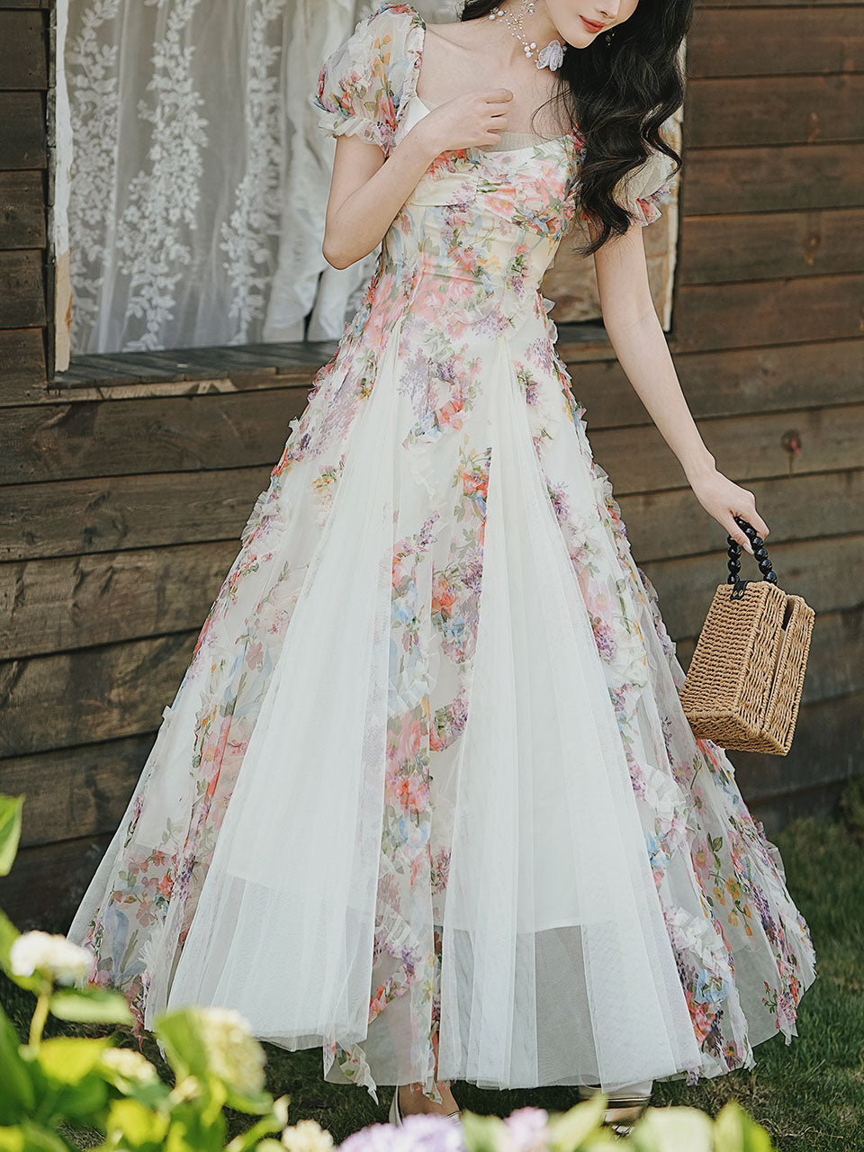 Printed Tulle Puff Sleeve Ruffled Hem Princess Party Dress for Girls Women