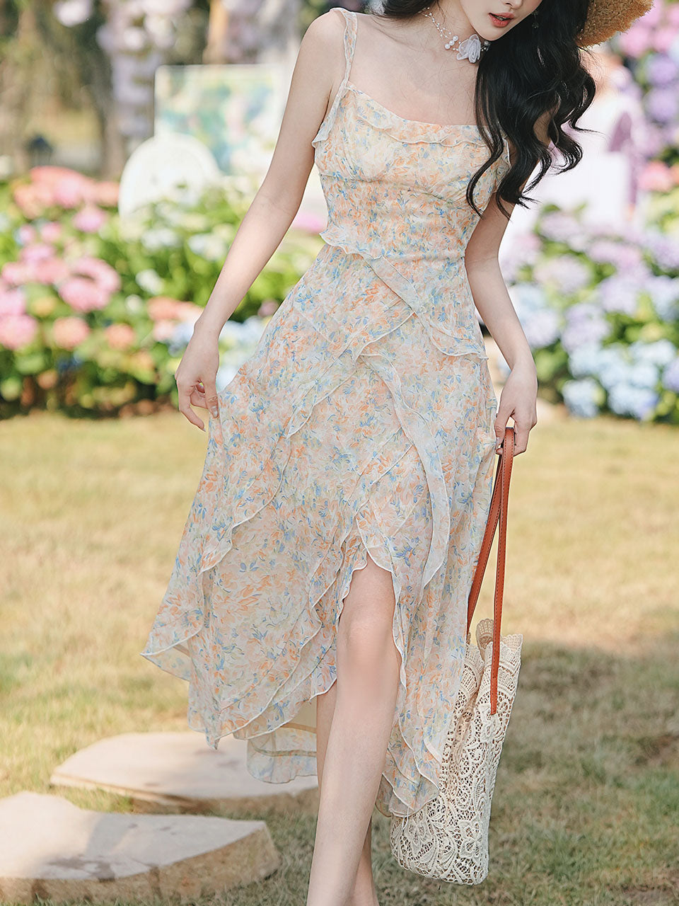 2PS Apricot Floral Printed Spaghetti Strap High-low Ruffled Hem Vintage Dress