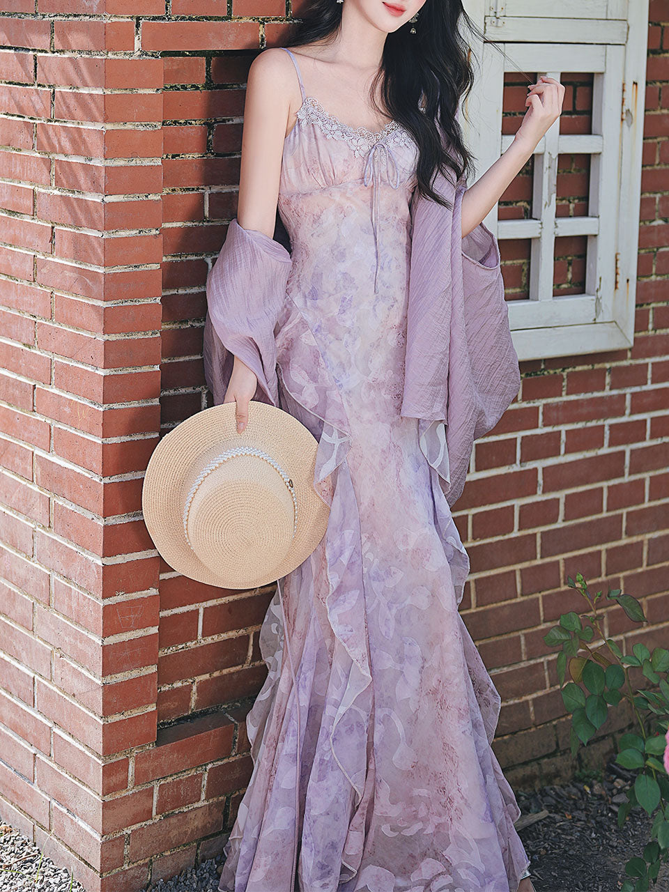 2PS Purple Ruffles Floral Printed Spaghetti Strap Vintage Dress