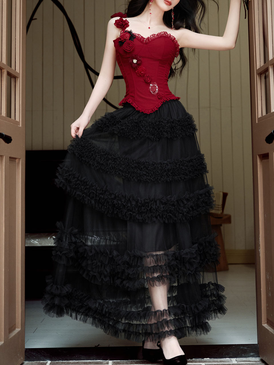 Gothic Red Corset Tiered Tulle Maxi Dress  Rose Asymmetric Ruffle Dark Romantic Party Gown
