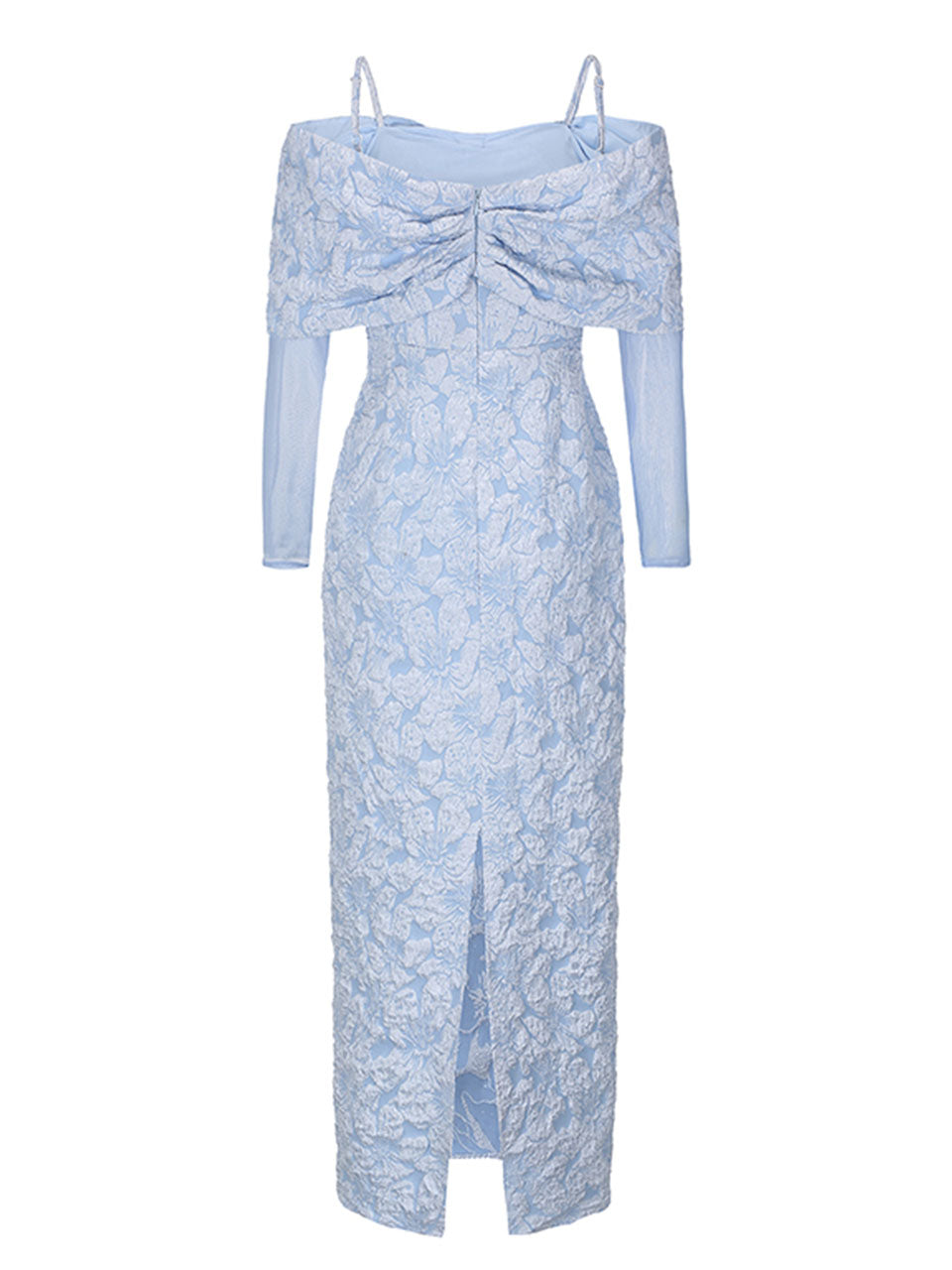 Baby Blue Off Shoulder Oversized Bow Soft Jacquard Maxi Gown