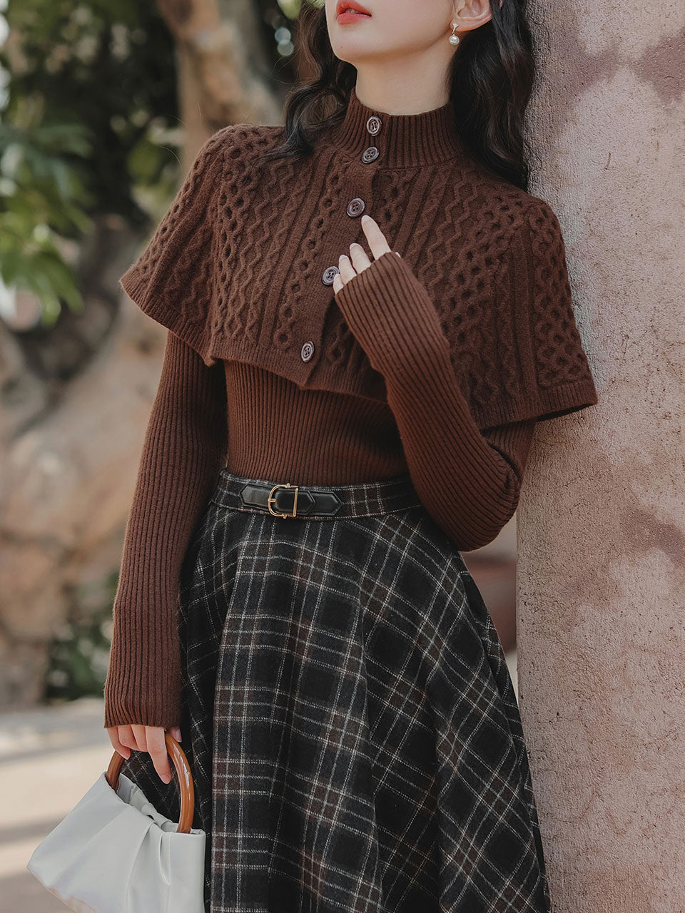 3PS Brown Bow Knitted Sweater Top Cape