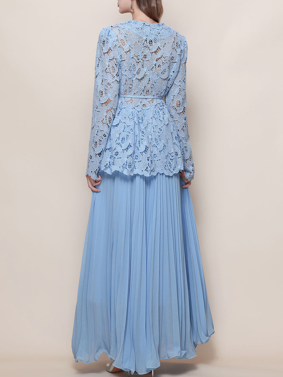 Baby Blue V Neck Long-Sleeve Lace Blouse