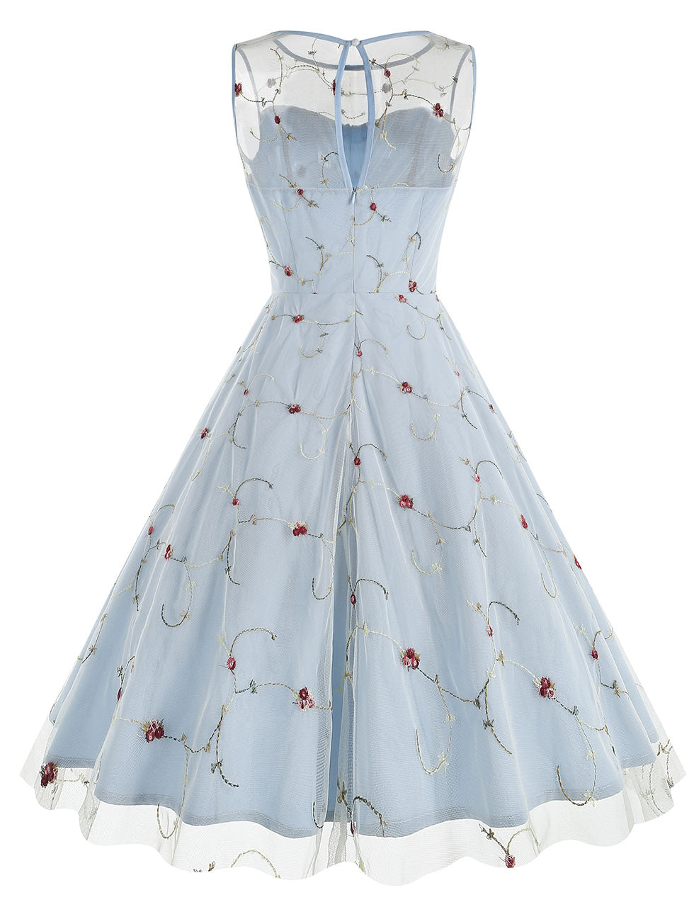 Lake Blue Semi Mesh Flower Embroidered Sleeveless 50S Swing Dress