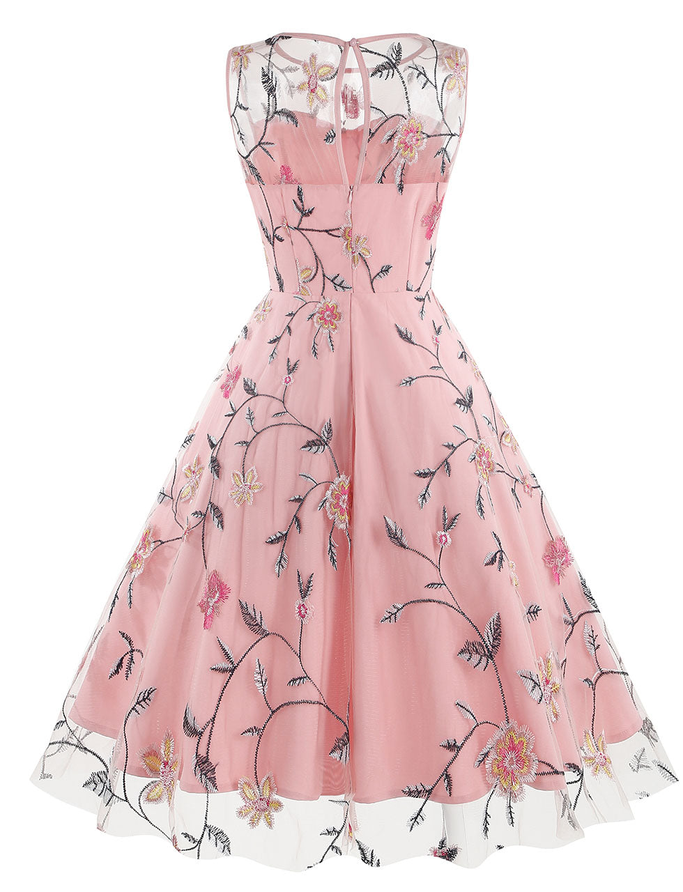 Lake Blue Semi Mesh Rose Embroidered Sleeveless 50S Swing Dress