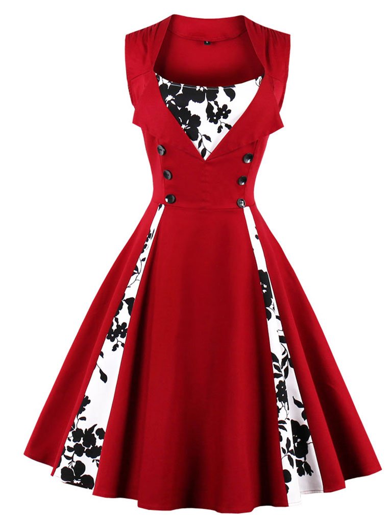 Purple Floral Square Neck Slim Fit Vintage Dress