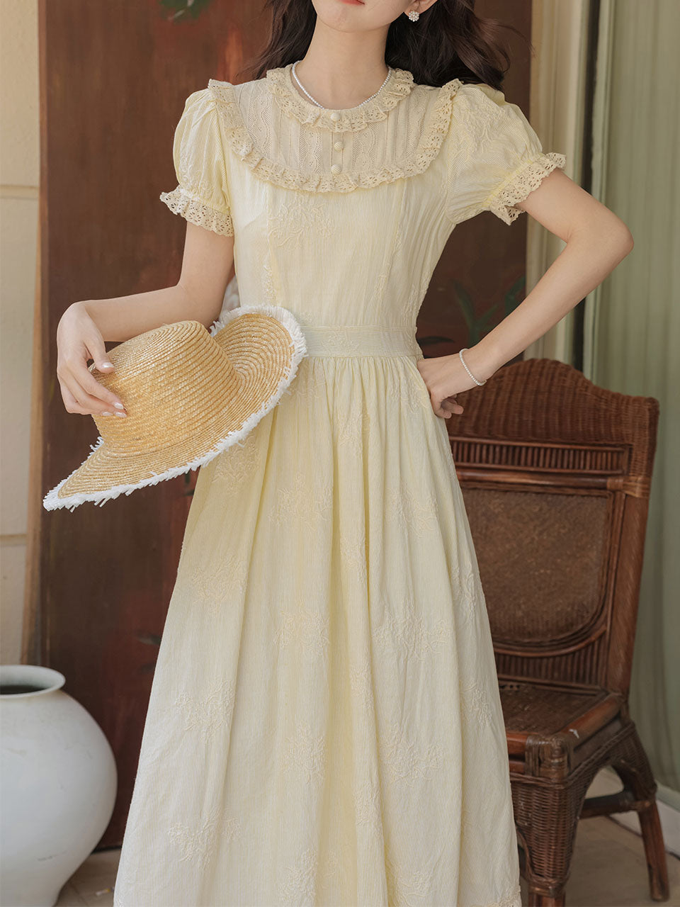 Retro Yellow Puff-Sleeve Dress