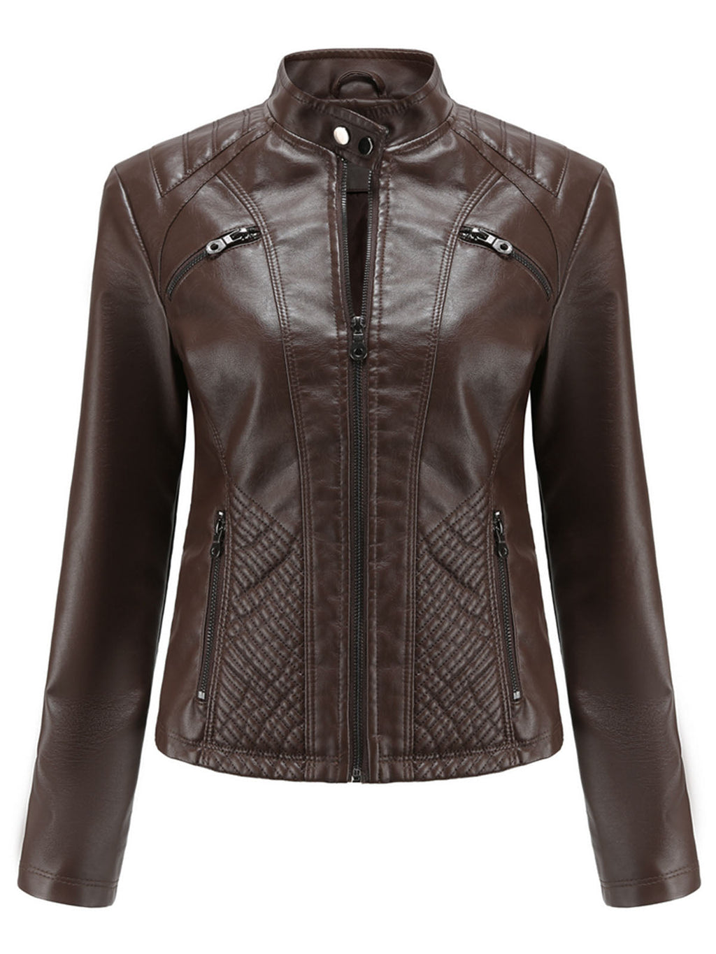 Pink Long Sleeve PU Leather Motorcycle Jacket For Women