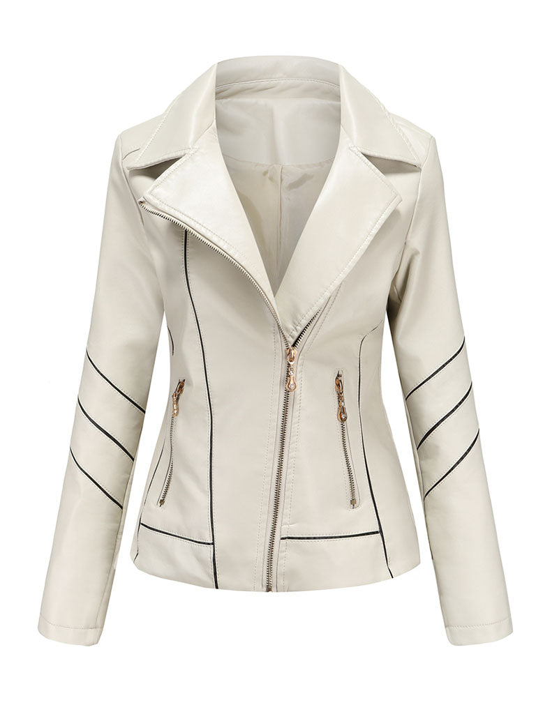 Turn Down Collar Long Sleeve PU Leather Motorcycle Jacket