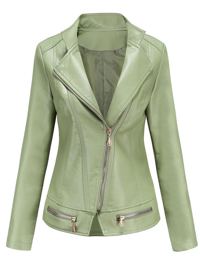 Light Green Long Sleeve PU Leather Motorcycle Jacket