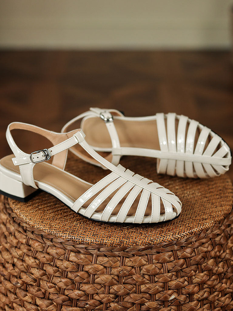 Flats Sandals Pointed Toe Hollow Belt Leather Vintage Shoes