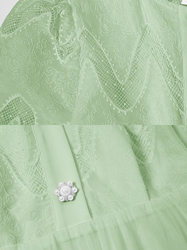 Apricot Stand Collar Puff Sleeve Mesh Pleated Dress