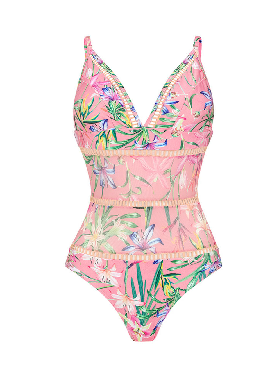 Pink Lace Flowers One-piece Swimsuit