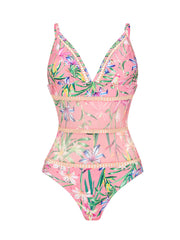 Pink Lace Flowers One-piece Swimsuit