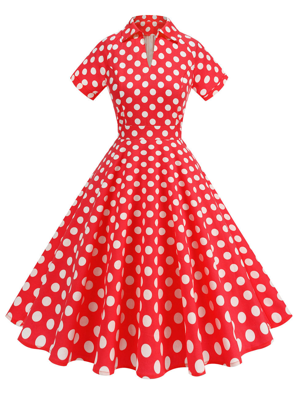 Red Polka Dots Turn Down Collar Short Sleeves 1950S Vintage Shirt Dress