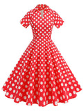 Red Polka Dots Turn Down Collar Short Sleeves 1950S Vintage Shirt Dress