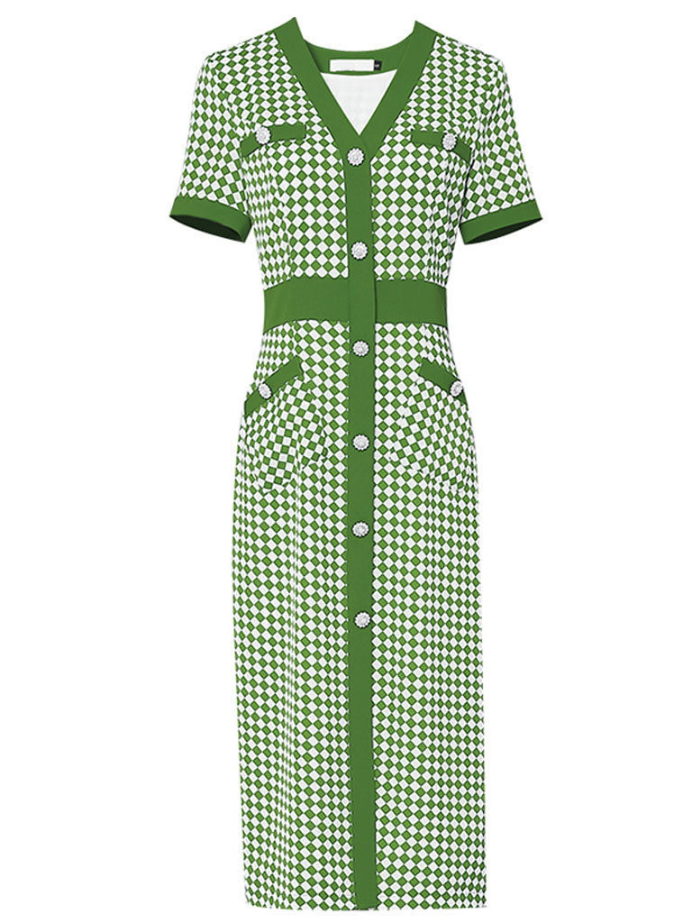 Green V Neck Checkerboard Print Short Sleeve 1940S Vintage Dress