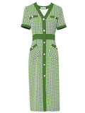 Green V Neck Checkerboard Print Short Sleeve 1940S Vintage Dress
