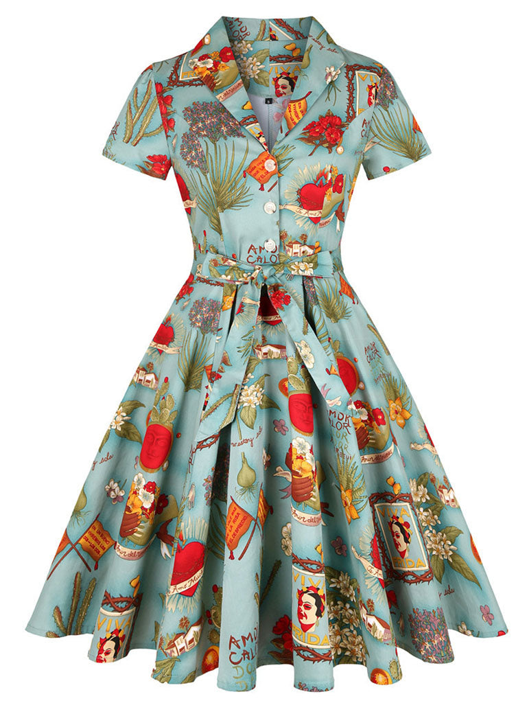 1960S Green Portrait Painting Swing Vintage Dress