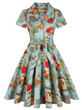 1960S Green Portrait Painting Swing Vintage Dress