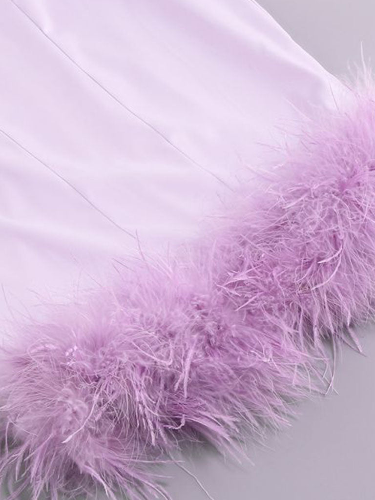 Purple Spaghetti Strap Satin Feather Hem Bodycon Dress Gown Party Dress