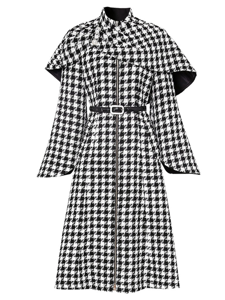 2PS Stand Collar Flared Sleeve  Houndstooth Wool Coat