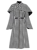 2PS Stand Collar Flared Sleeve  Houndstooth Wool Coat