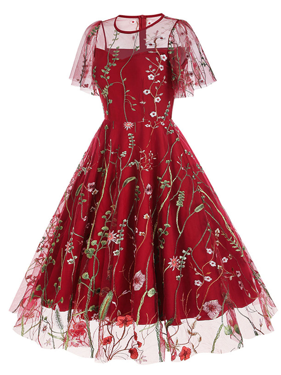 Wine Red Semi Mesh Flower Embroidered Short Sleeve 50S Swing Dress