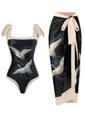 Black Crane Print Flower Strap One Piece