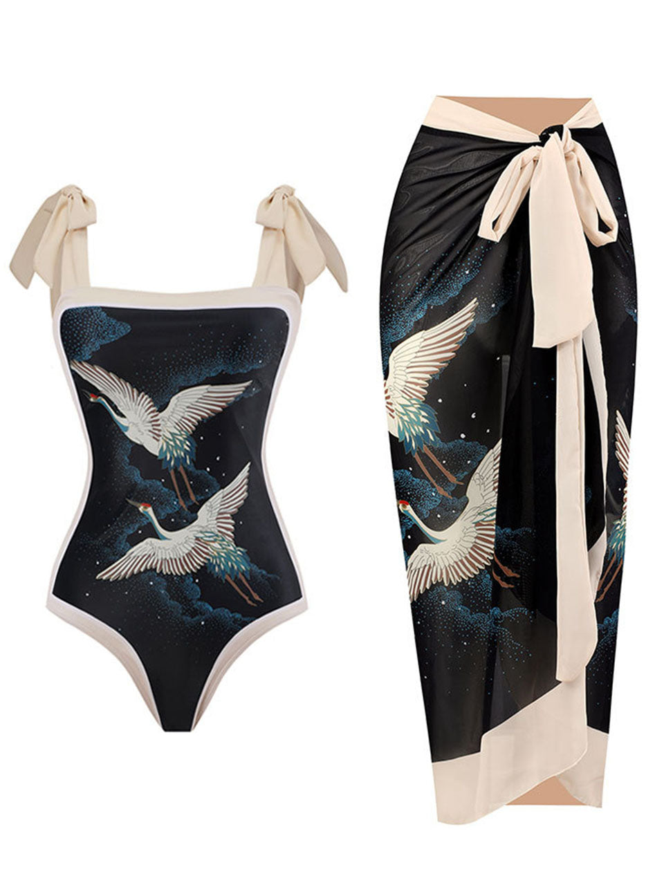 Black Crane Print Flower Strap One Piece