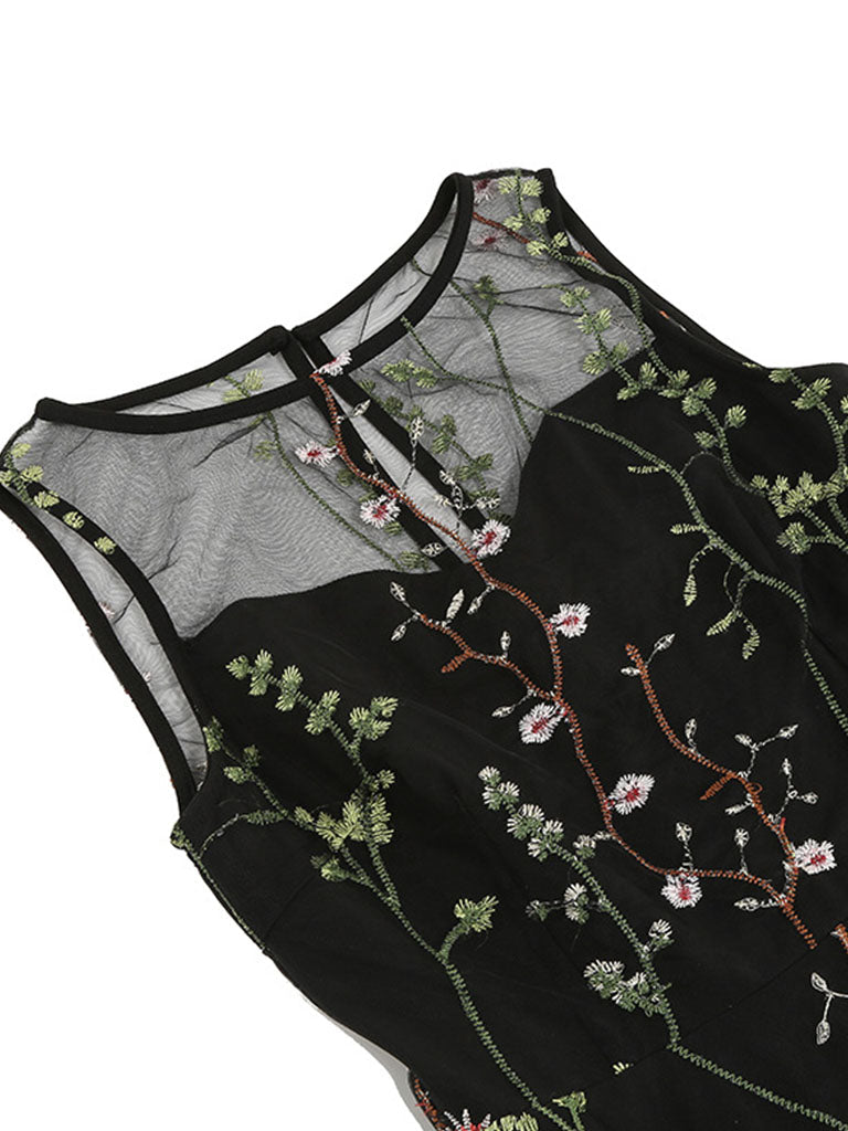 Wine Red Semi Mesh Flower Embroidered Sleeveless 50S Swing Dress