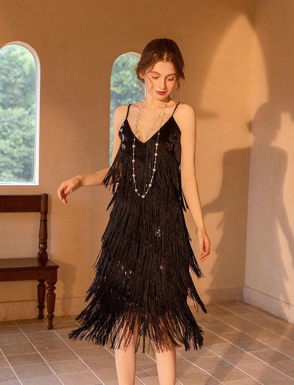 V Neck Strap Sequins Vintage Dress Party Dress