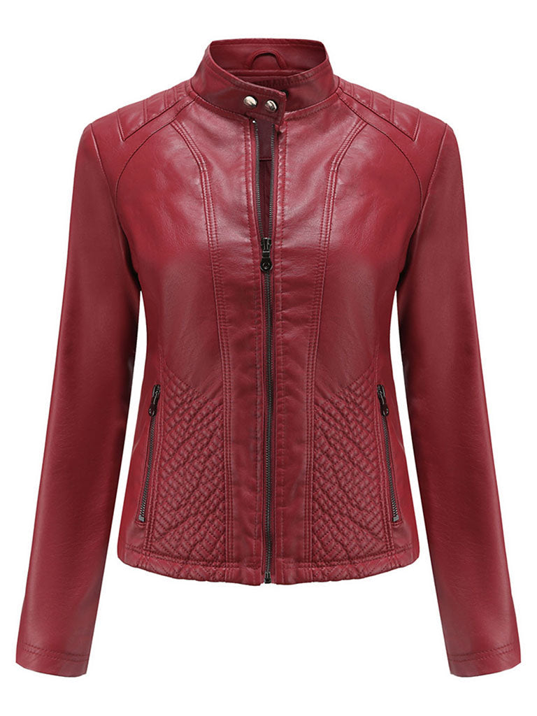 Stand Collar Long Sleeve PU Leather Motorcycle Jacket